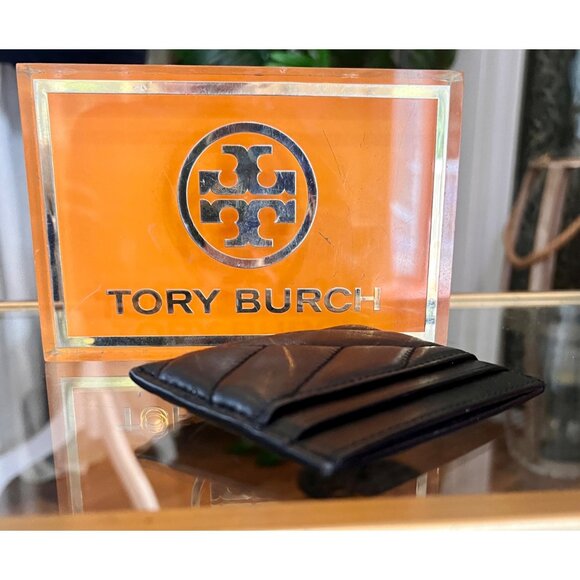 Tory Burch Black Quilted Leather Cardholder Wallet With Gold Logo Accent - Picture 8 of 8
